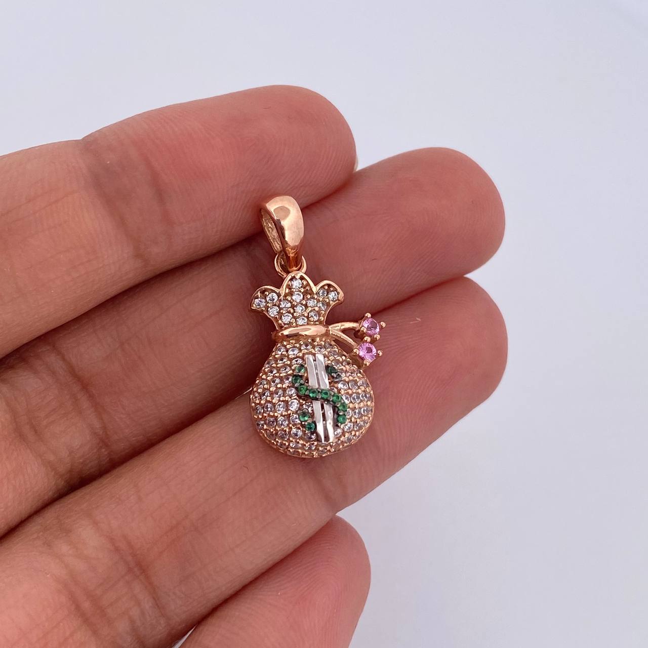 Dije Bolsa De Dinero Coquett 2.65gr / 2.5cm / Circones Verdes Rosados Blancos Tres Oros 18K &