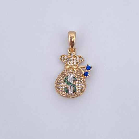 Dije Bolsa De Dinero Coquett 2.55gr / 2.5cm / Circones Verdes Azules Blancos Tres Oros 18K &
