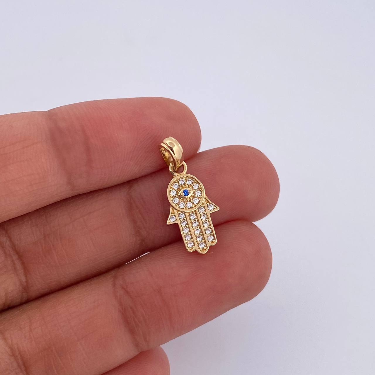 Dije Mano Hamsa 1.2gr / 2.1cm / Circones Azul Blancos Oro Amarillo 18K &