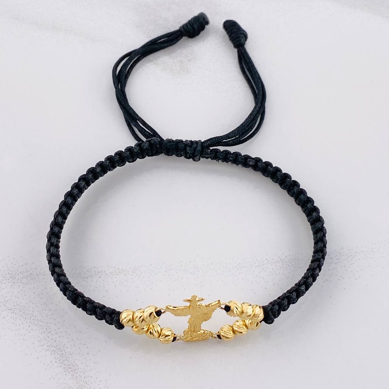 Pulsera Tejida Negra San Miguel Arcángel Bolas Diamantadas Oro Amarillo 18K