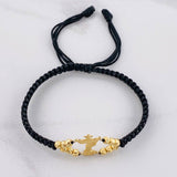 Pulsera Tejida Negra San Miguel Arcángel Bolas Diamantadas Oro Amarillo 18K