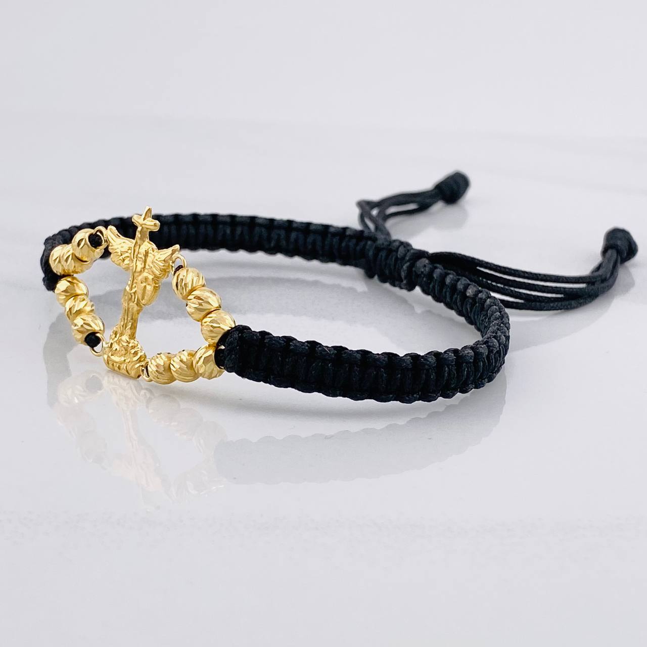Pulsera Tejida Negra San Miguel Arcángel Bolas Diamantadas Oro Amarillo 18K