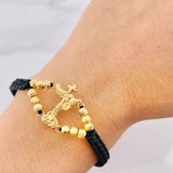 Pulsera Tejida Negra San Miguel Arcángel Bolas Diamantadas Oro Amarillo 18K