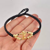 Pulsera Tejida Negra San Miguel Arcángel Bolas Diamantadas Oro Amarillo 18K