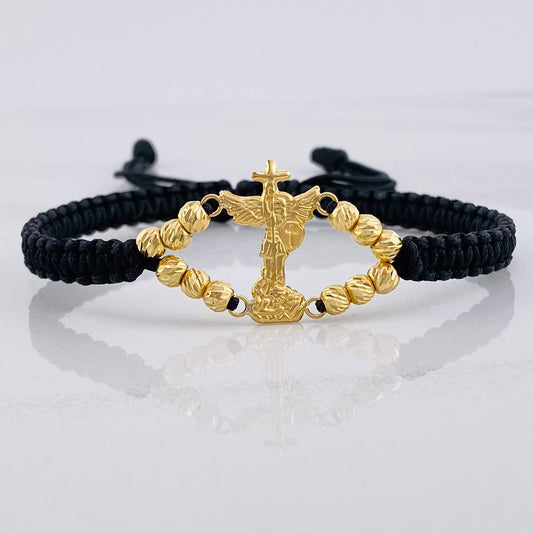 Pulsera Tejida Negra San Miguel Arcángel Bolas Diamantadas Oro Amarillo 18K