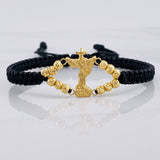 Pulsera Tejida Negra San Miguel Arcángel Bolas Diamantadas Oro Amarillo 18K