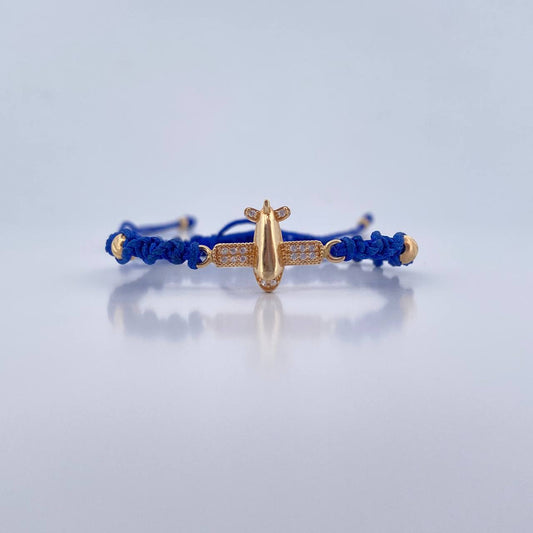 Pulsera Azul Herraje Avion 1.5gr / 4mm-3mm Bolas Diamantadas Circones Blancos Oro Amarillo  18K &