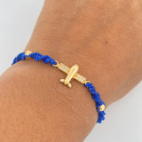 Pulsera Azul Herraje Avion 1.5gr / 4mm-3mm Bolas Diamantadas Circones Blancos Oro Amarillo  18K &