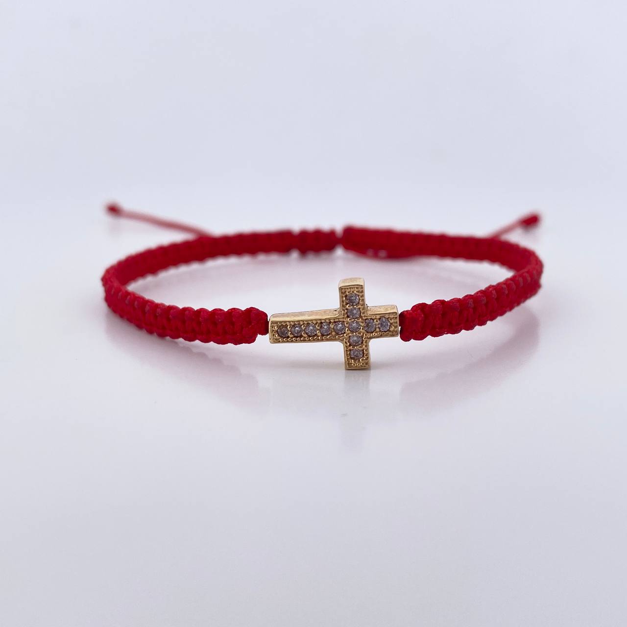 Pulsera Roja Herraje Cruz 1.2gr / Circones Blancos   Oro Amarillo 18K &