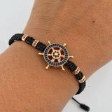 Pulsera Negra Herraje Timon 3.95gr / Circones Negros Dos Oros Negro Rosa 18K &