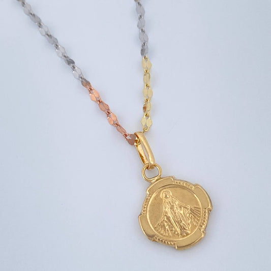 Set Cadena y Dije Flor Espejo + Virgen Milagrosa 1.35gr / 50cm / Tres Oros 18K (Oferta) $