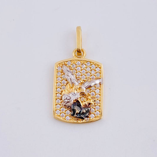 Dije Placa San Miguel 2.1 g / 2.3 cm Dos Oros Amarillo Blanco 18K