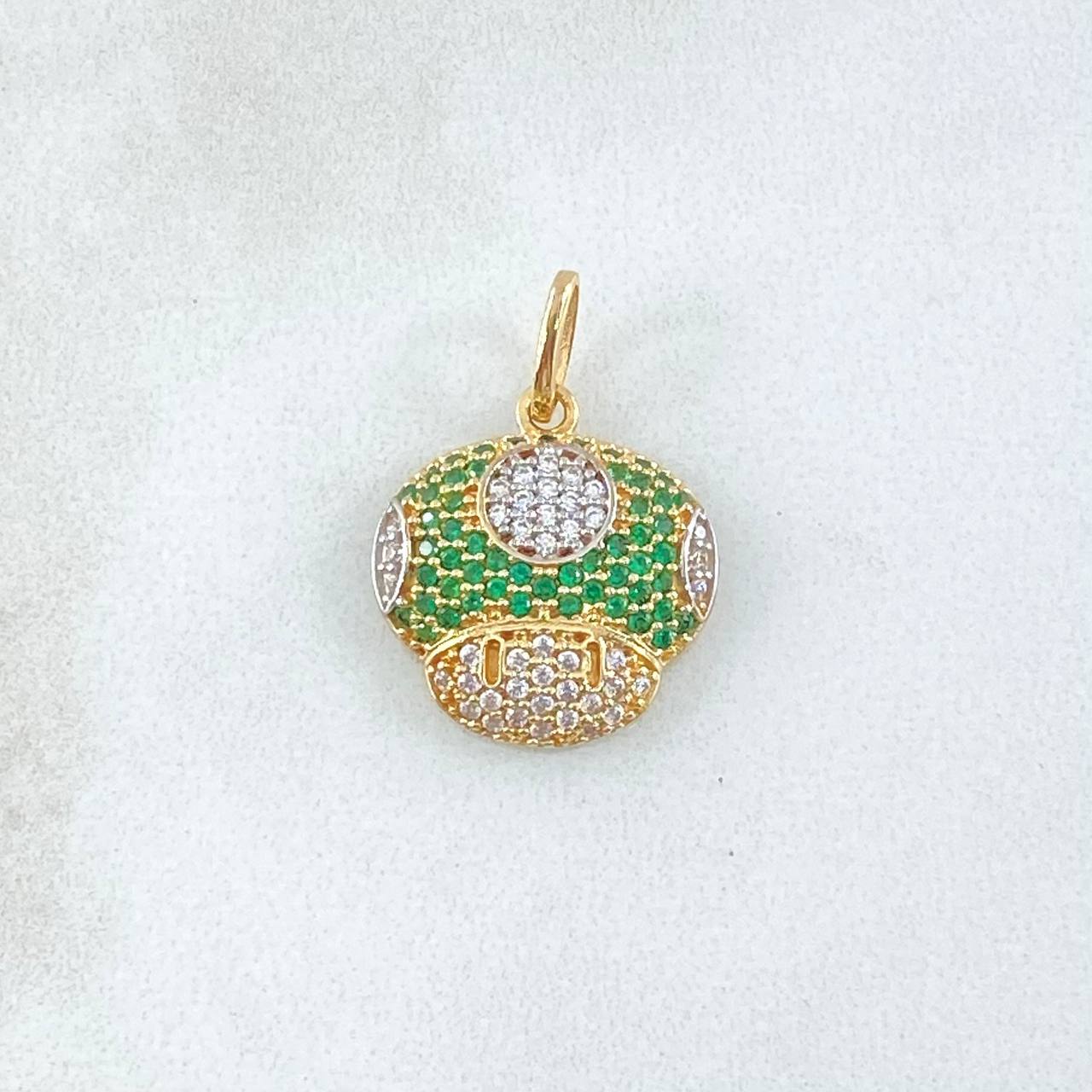 Dije Hongo Animado 2.2gr / 2.2cm / Circones Blancos Verdes Oro Amarillo 18K ©