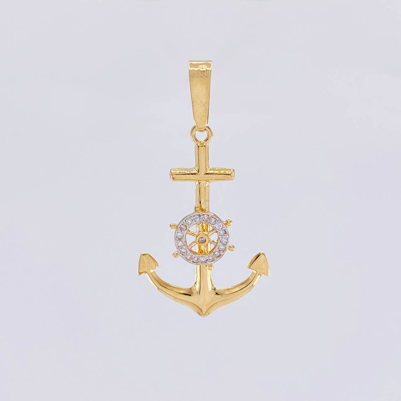 Dije Ancla Timón Móvil 4.4g / 5.8cm Dos Oros Amarillo Blanco 18K
