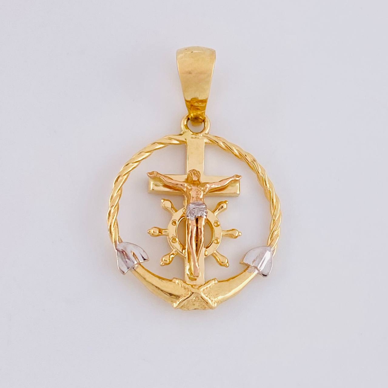Dije Cruz Cristo Marinero 2.9g / 3cm Dos Oros Amarillo Blanco 18K