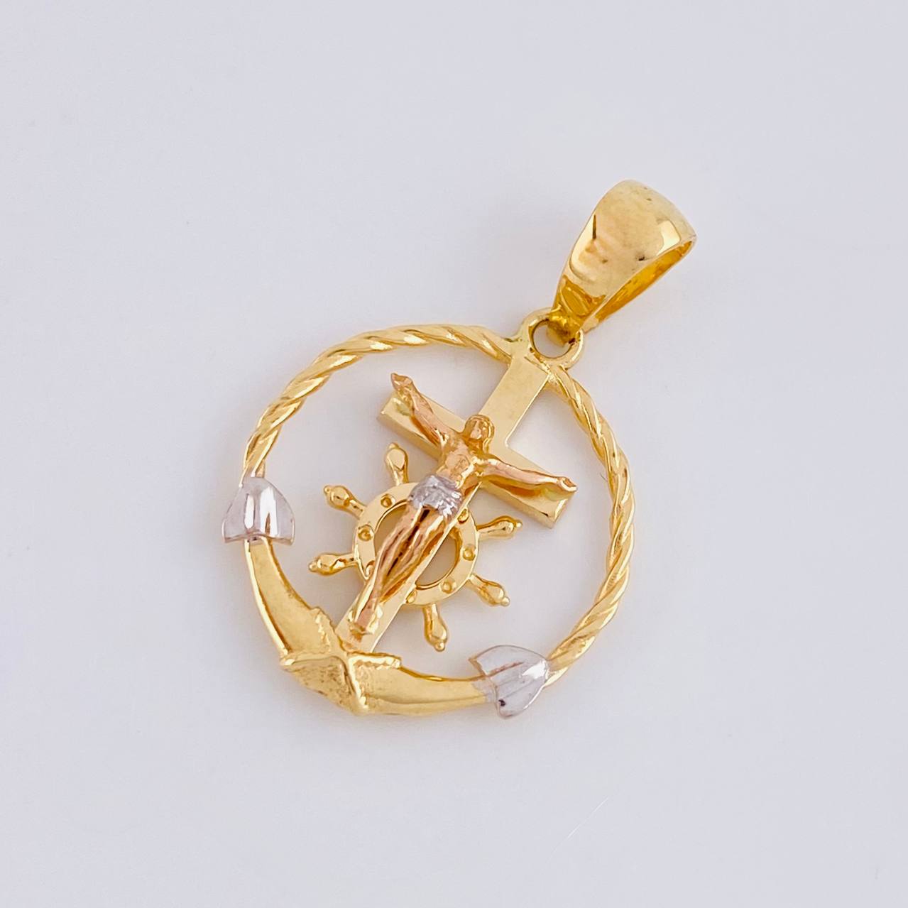 Dije Cruz Cristo Marinero 2.9g / 3cm Dos Oros Amarillo Blanco 18K