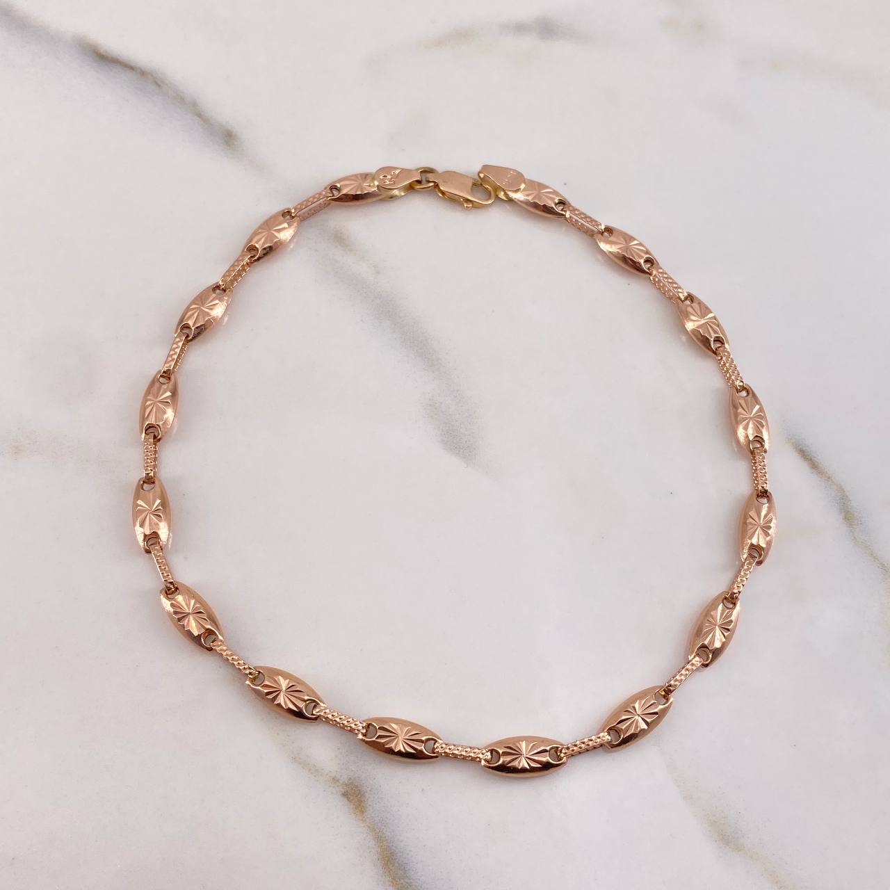 Tobillera Rustico Eslabon 5.6gr / 25cm / 4.3mm Diamantado Texturizado Oro Rosa 18K  #