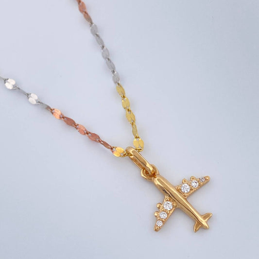 Set Cadena y Dije Flor Espejo + Avion 2gr / 45cm / Tres Oros 18K (Oferta) &
