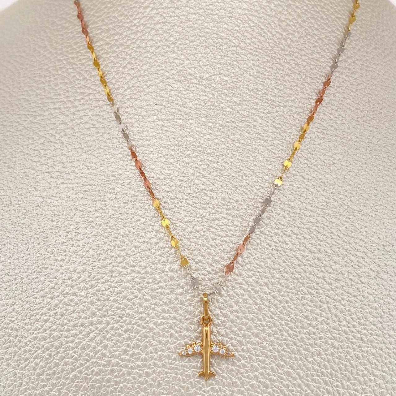 Set Cadena y Dije Flor Espejo + Avion 2gr / 45cm / Tres Oros 18K (Oferta) &