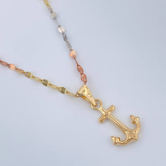 Set Cadena y Dije Flor Espejo + Ancla 1.55gr / 45cm / Tres Oros 18K (Oferta) &