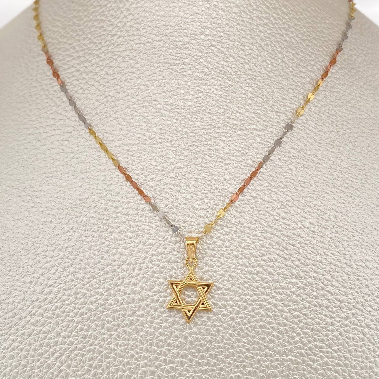 Set Cadena y Dije Flor Espejo + Estrella De David 1.7gr / 45cm / Tres Oros 18K (Oferta) &