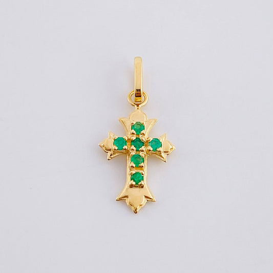 Dije Cruz Tres Puntas Esmeraldas 7pts 0.95g / 2.1cm Oro Amarillo 18K