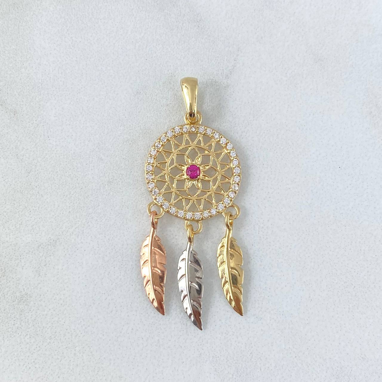 Dije Atrapasueños 2.45gr / 4cm / Circones Blancos Fucsia Tres Oros 18K ©