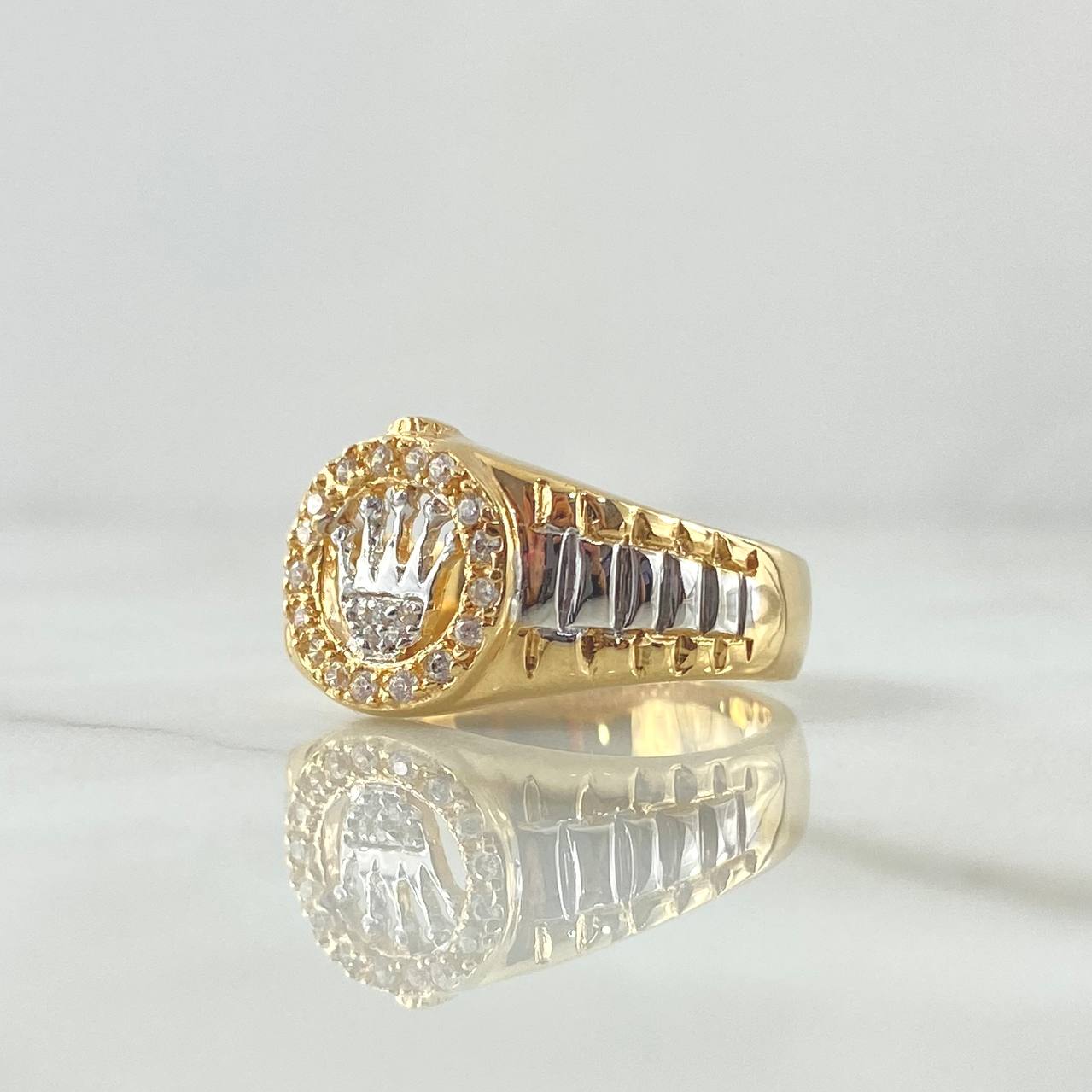 Anillo Sello Corona RX Medio Basteada 7.35gr / T9 1/2 / Circones Blancos Dos Oros Amarillo Blanco 18K *