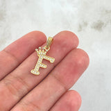 Dije Letra F Corona 1.25gr / 2.5cm / Circones Blancos Oro Amarillo 18K