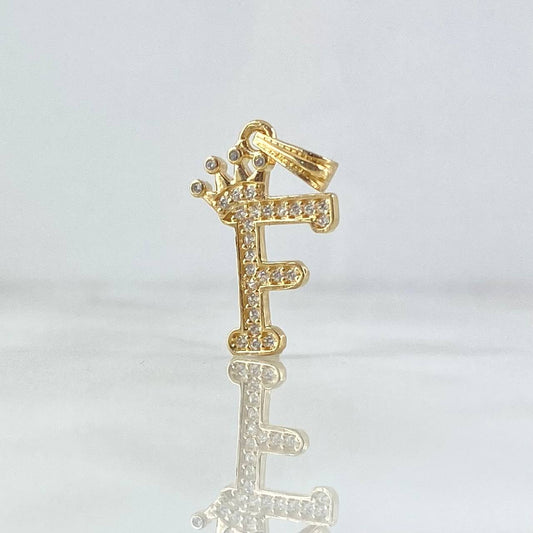 Dije Letra F Corona 1.25gr / 2.5cm / Circones Blancos Oro Amarillo 18K