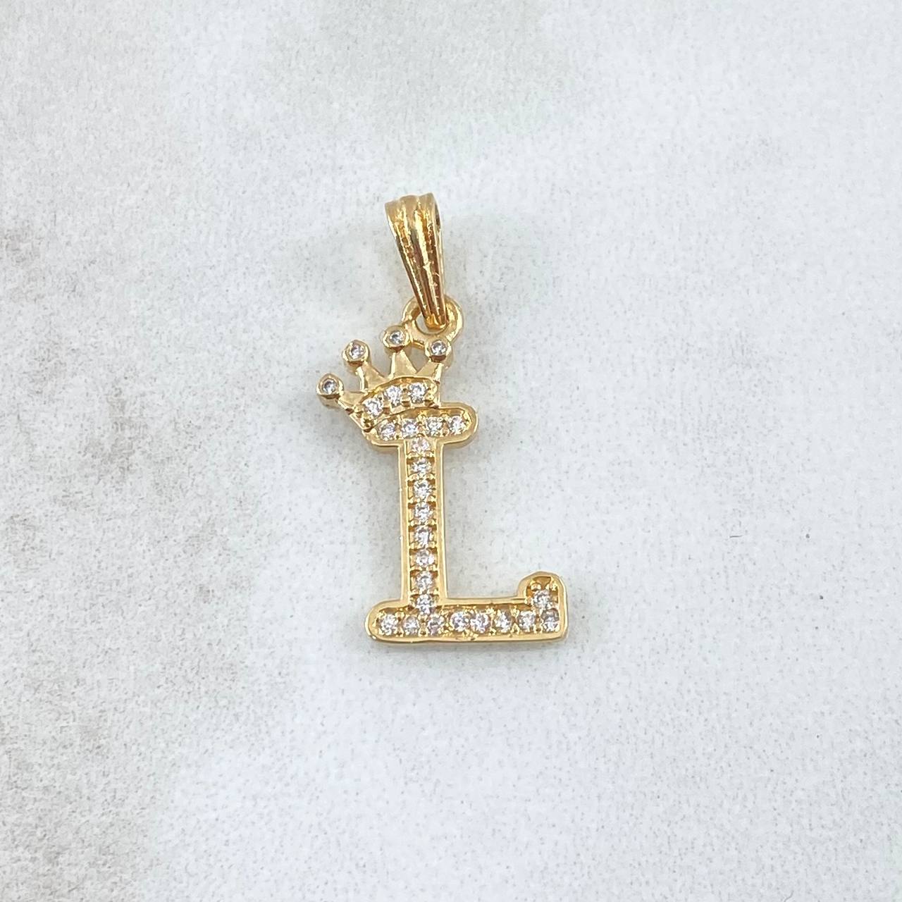 Dije Letra L Corona 1.25gr / 2.5cm / Circones Blancos Oro Amarillo 18K *
