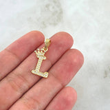 Dije Letra L Corona 1.25gr / 2.5cm / Circones Blancos Oro Amarillo 18K