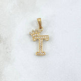Dije Letra T Corona 1.25gr / 2.5cm / Circones Blancos Oro Amarillo 18K