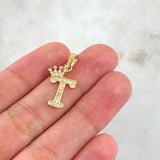Dije Letra T Corona 1.25gr / 2.5cm / Circones Blancos Oro Amarillo 18K