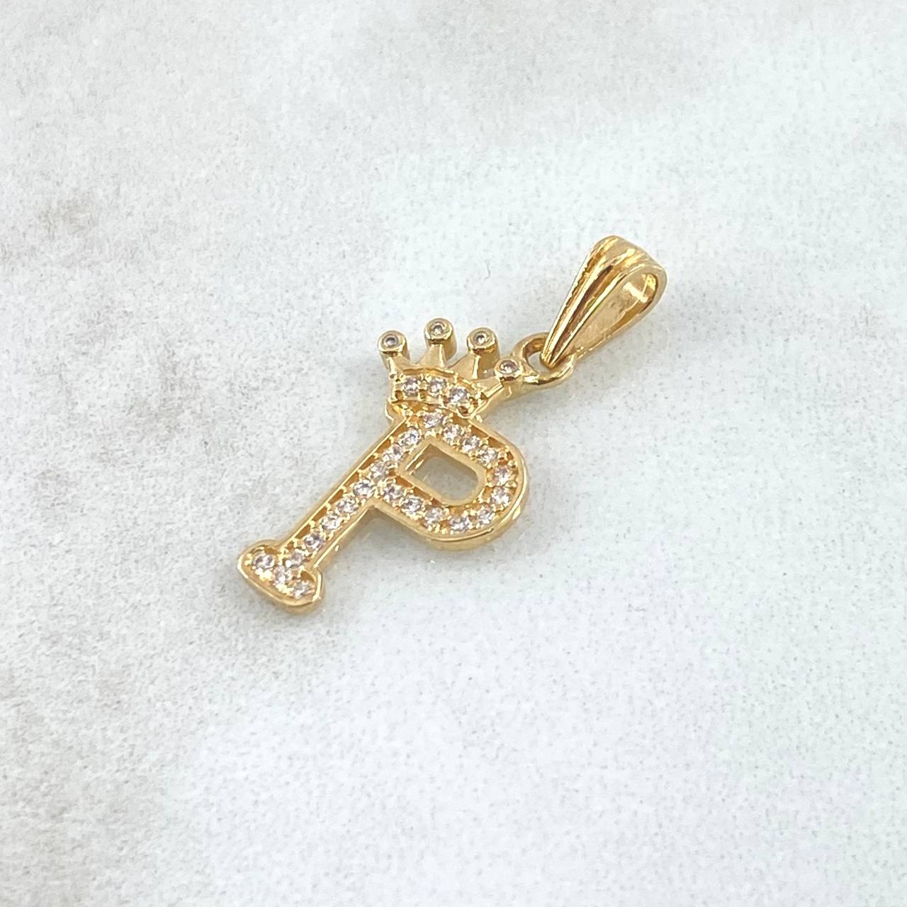 Dije Letra P Corona 1.25gr / 2.5cm / Circones Blancos Oro Amarillo 18K