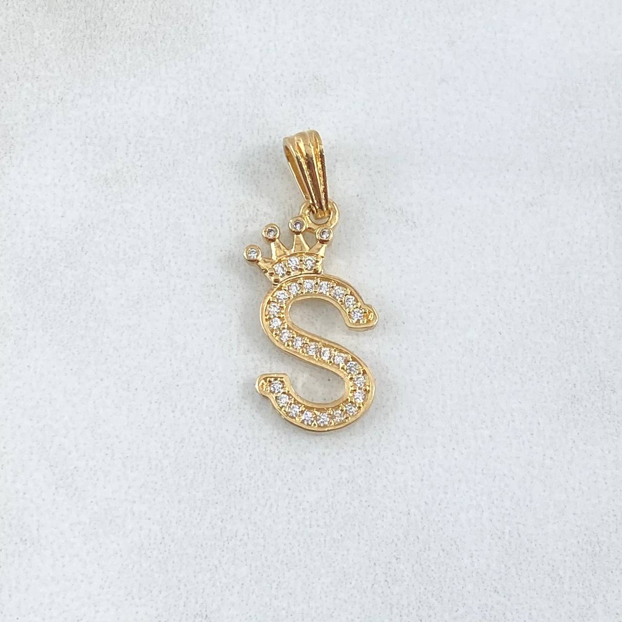 Dije Letra S Corona 1.4gr / 2.5cm / Circones Blancos Oro Amarillo 18K *