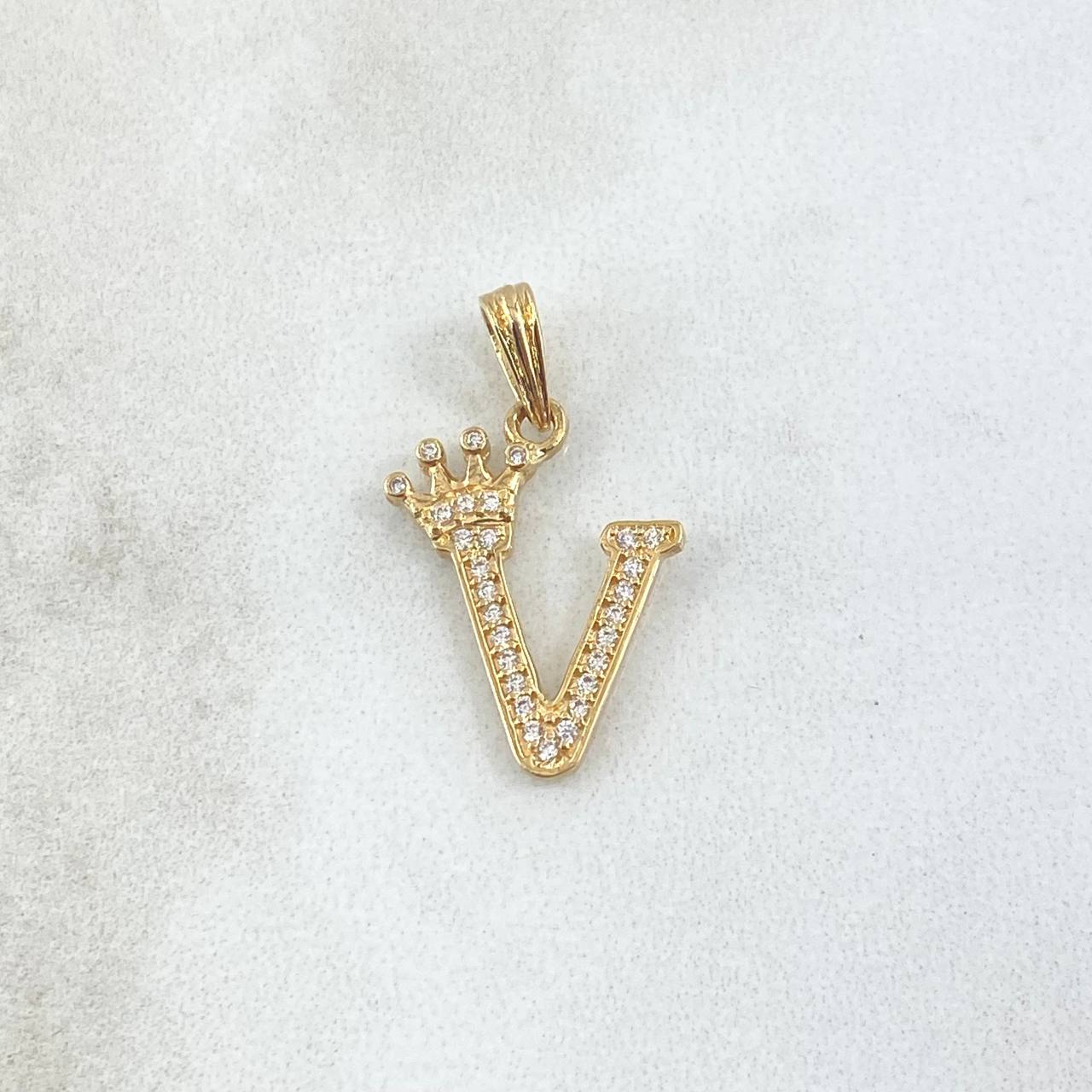 Dije Letra V Corona 1.25gr / 2.5cm / Circones Blancos Oro Amarillo 18K