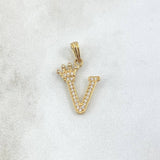 Dije Letra V Corona 1.25gr / 2.5cm / Circones Blancos Oro Amarillo 18K