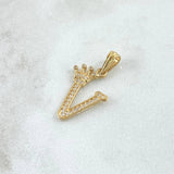 Dije Letra V Corona 1.25gr / 2.5cm / Circones Blancos Oro Amarillo 18K
