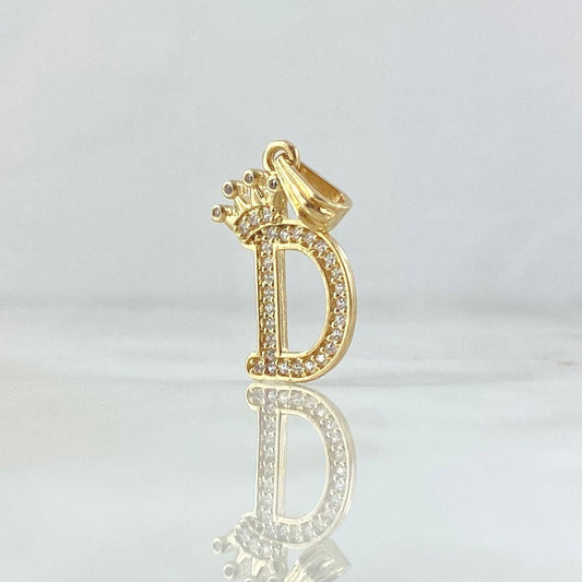 Dije Letra D Corona 1.4gr / 2.5cm / Circones Blancos Oro Amarillo 18K