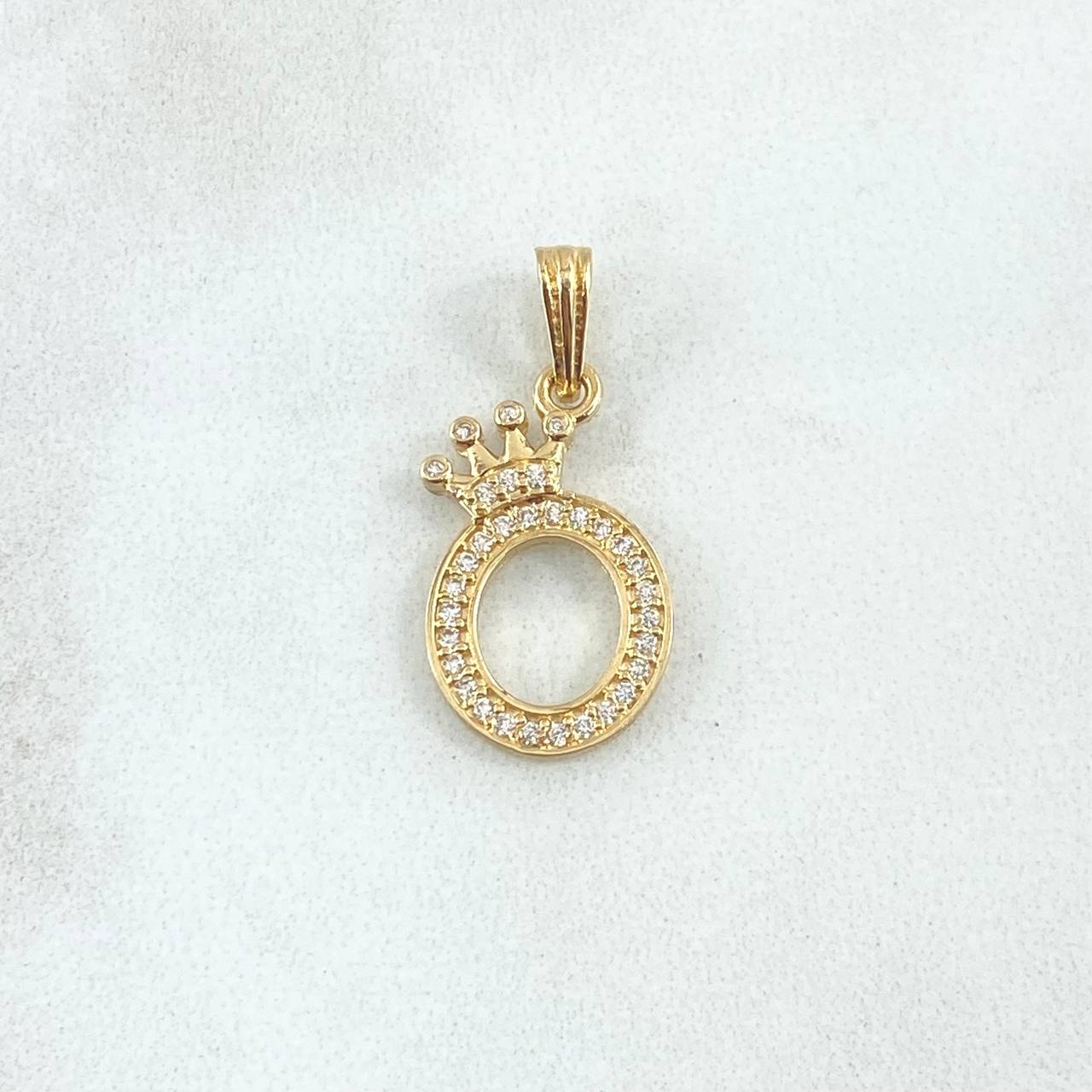 Dije Letra O Corona 1.45gr / 2.4cm / Circones Blancos Oro Amarillo 18K