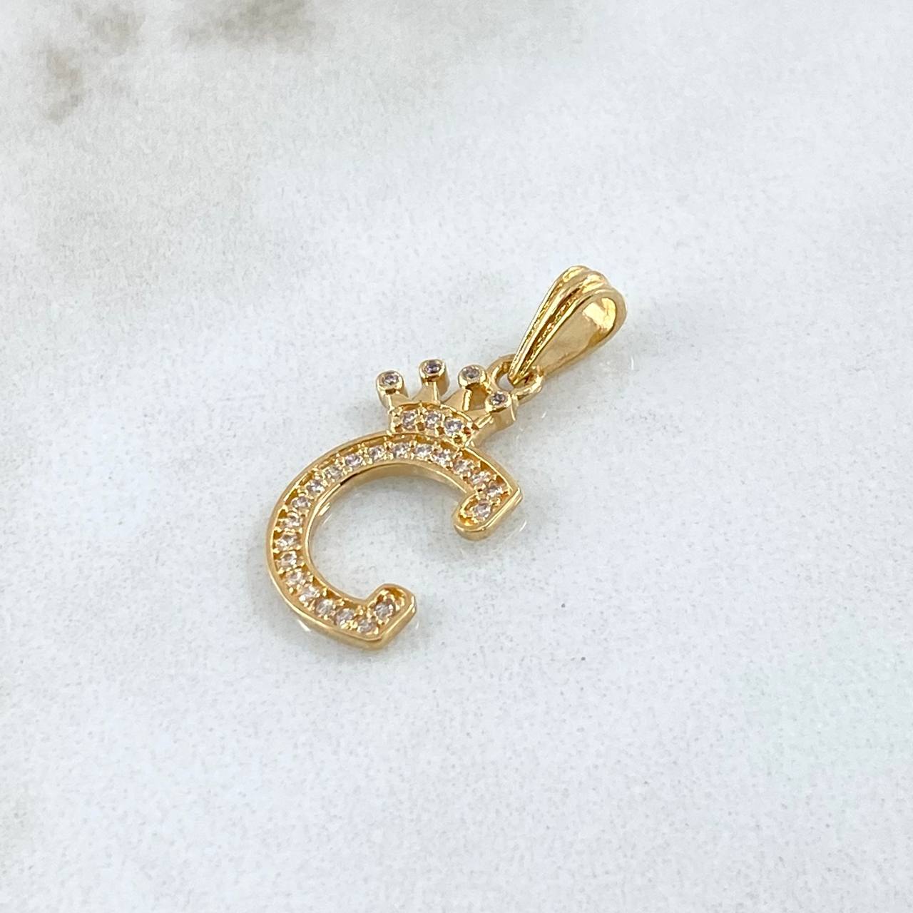Dije Letra C Corona 1.35gr / 2.4cm / Circones Blancos Oro Amarillo 18K ©