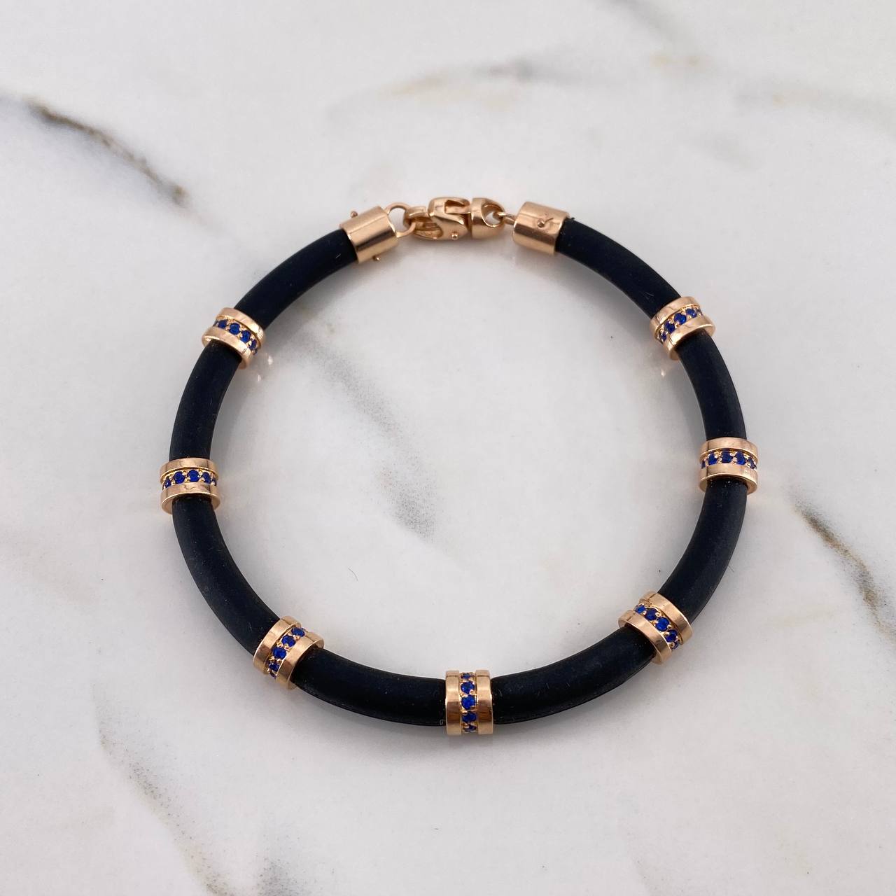 Pulso Cuero Cilindros 10gr / 19cm / 5.7mm Negro Circones Azules Oro Rosa 18K #