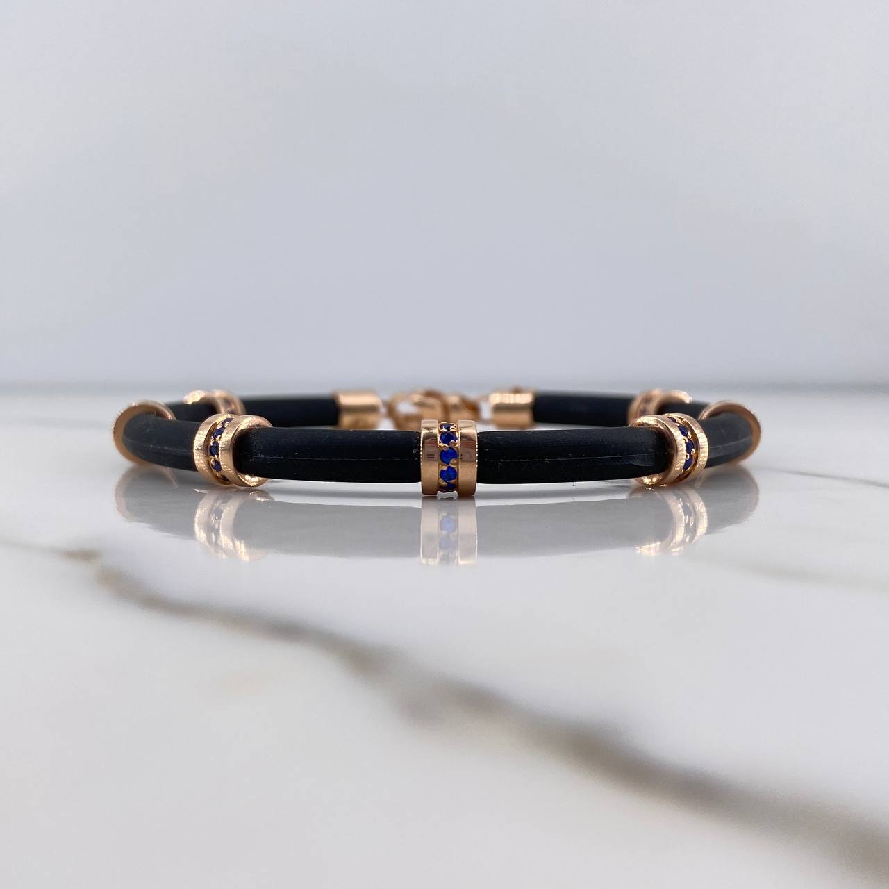 Pulso Cuero Cilindros 10gr / 19cm / 5.7mm Negro Circones Azules Oro Rosa 18K #