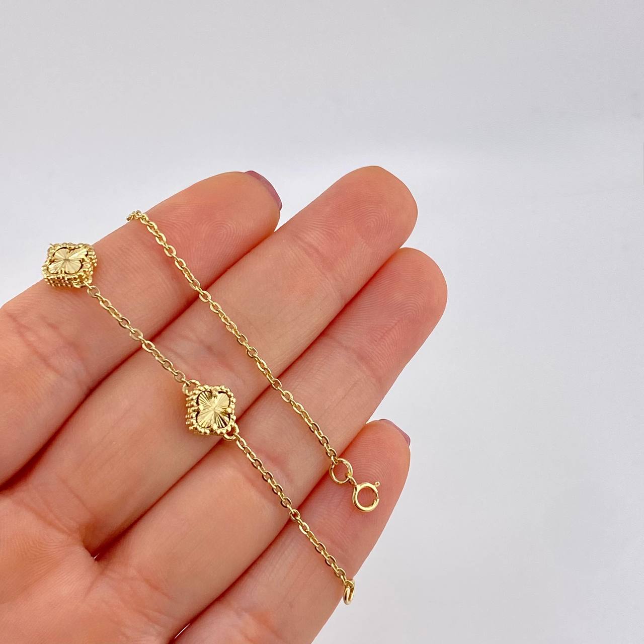 Pulso Trébol Aro Seguido Diamantado 3.75g / 17cm / 1.7mm Oro Amarillo 18K