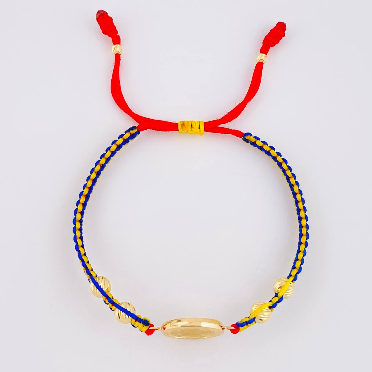 Pulsera Tejida Tricolor Herraje Balón Oro Amarillo 18K
