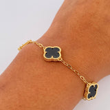 Pulso Aro Seguido Trebol 5.35gr / 18.9cm / 1.6mm Onix Negra Oro Amarillo Nac.Esp. 18K &