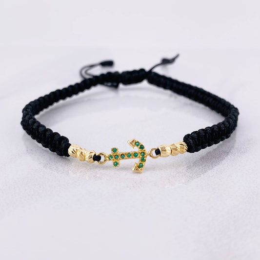 Pulsera Tejida Negra Ancla Bolas Diamantadas Oro Amarillo 18K