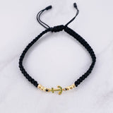 Pulsera Tejida Negra Ancla Bolas Diamantadas Oro Amarillo 18K