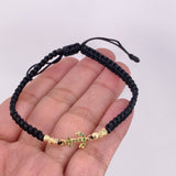 Pulsera Tejida Negra Ancla Bolas Diamantadas Oro Amarillo 18K